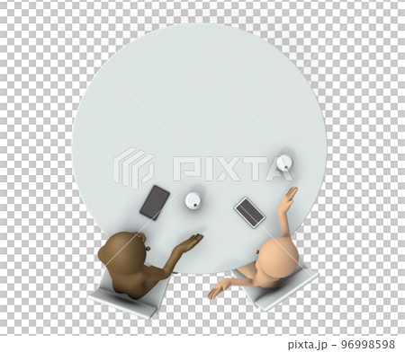 兩個商人聚在一張圓桌旁,互相認識。在茶歇期間聊天。 兩個商人聚在一張圓桌旁,互相認識。在茶歇期間聊天。 96998598