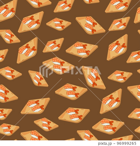 cartoon sushi-shrimp, japanese food seamless pattern on colorful background 96999265