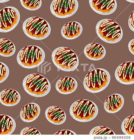 cartoon okonomiyaki, japanese food seamless pattern on colorful background cartoon okonomiyaki, japanese food seamless pattern on colorful background 96999306