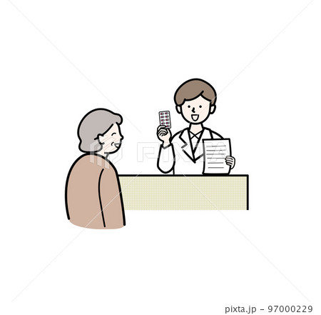 シニア女性に対応する薬剤師のカットイラスト素材（カラー） 97000229