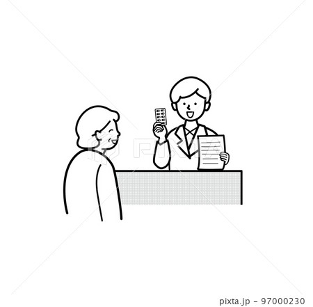 シニア女性に対応する薬剤師のカットイラスト素材（白黒） 97000230