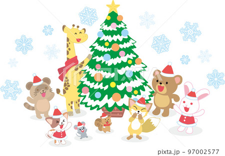 動物たちのクリスマスパーティー_雪の結晶ありのイラスト素材