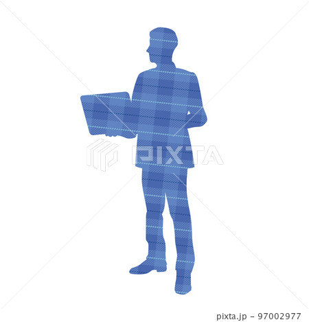 立ってノートパソコンを持つビジネスマンのシルエットイラスト　チェック柄 97002977