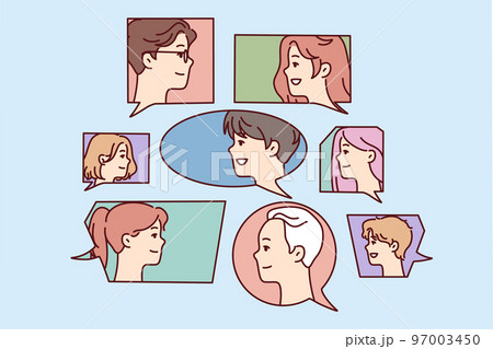 Faces of men and women in speech bubbles symbolize public discussion or brainstorming. Vector image Faces of men and women in speech bubbles symbolize public discussion or brainstorming. Vector image 97003450