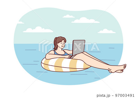 Successful woman floats on air mattress in sea with laptop on lap in sunny resort. Vector image 97003491