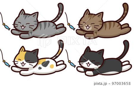 魚のおもちゃに飛びつくネコ4種のイラスト素材 [97003658] - PIXTA