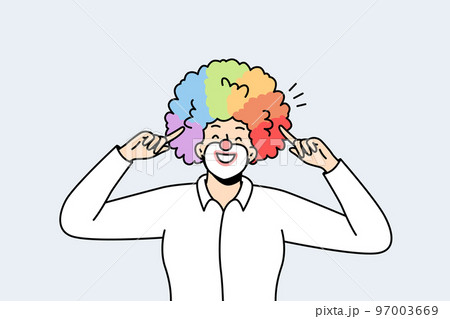 Portrait of male clown with rainbow hairstyle. 97003669