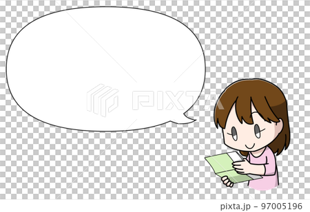 Illustration of a woman looking at a passbook with a balloon 97005196