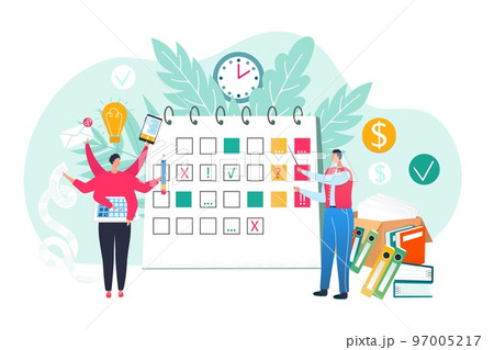 Working process vector illustration. Teamwork on new project. Coworkers, managers at timetable and working together, paper documents. Working process vector illustration. Teamwork on new project. Coworkers, managers at timetable and working together, paper documents. 97005217