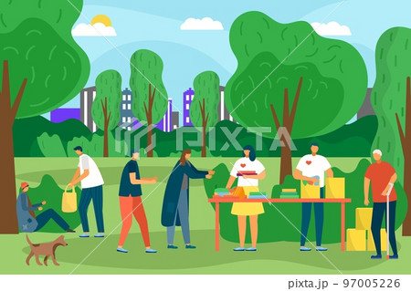 Volunteers help and care people, charity social community support, vector illustration. Volunteering and helping elderly, poor and disabled. 97005226