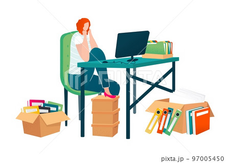 Business papers in office, documents and folders on workplace and working woman vector illustration. Files stacking up in messy order. Business papers in office, documents and folders on workplace and working woman vector illustration. Files stacking up in messy order. 97005450