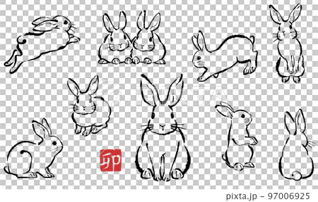 筆で描いた色々なポーズのうさぎイラストセット 97006925
