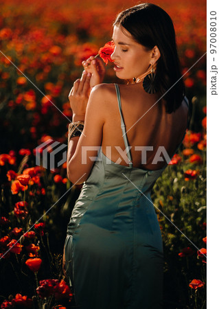 Portrait of a girl in a dress on a poppy field at sunset Portrait of a girl in a dress on a poppy field at sunset 97008010