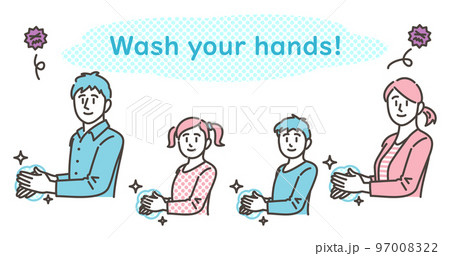 健康や感染予防のため笑顔で手洗いする家族【ベクターイラスト素材】 97008322