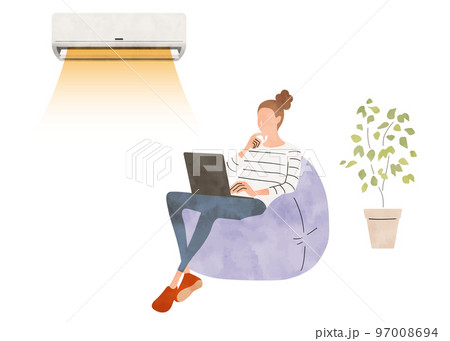 ベクターイラスト素材:部屋でエアコンを使用する女性 ベクターイラスト素材:部屋でエアコンを使用する女性 97008694