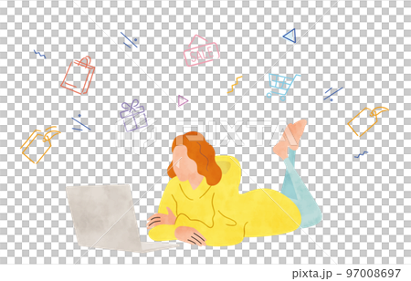 矢量插圖素材：一位女士用筆記本電腦在線購物 97008697