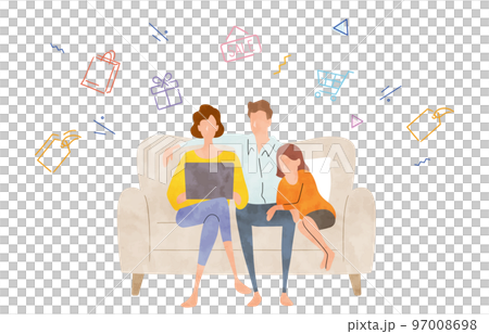 ベクターイラスト素材：ノートパソコンでネットショッピングする家族 97008698