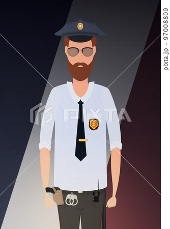 Policeman on the background of the flag. Cartoon style. 97008809