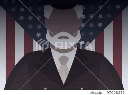 Veteran in uniform against the background of the flag. Cartoon style. 97008811