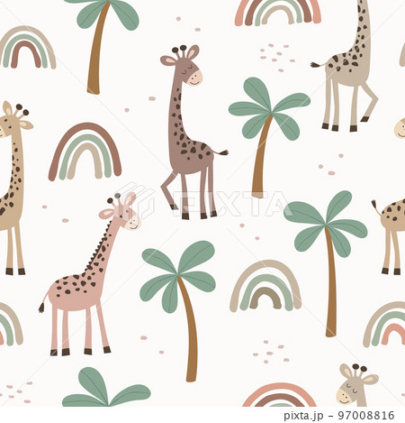 Seamless pattern with giraffe and palm. Vector illustration. 97008816