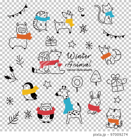 Cute winter animals line drawing Cute winter animals line drawing 97009274