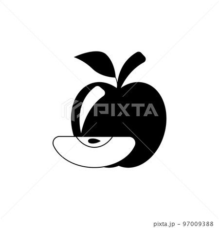 Silhouette apple icon. Whole apple with a slice and seed inside. Fruit with branch and leaf. Vector illustration. 97009388