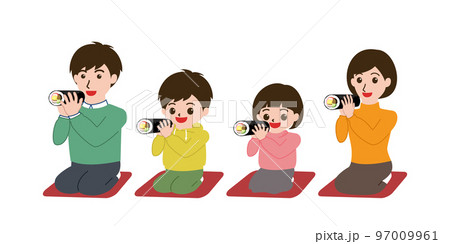 節分の日に恵方を向いて並んで座り恵方巻きを食べる家族のイラスト 97009961