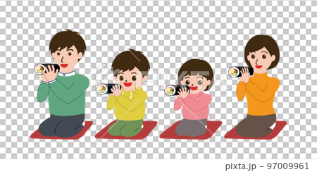 節分の日に恵方を向いて並んで座り恵方巻きを食べる家族のイラスト 97009961