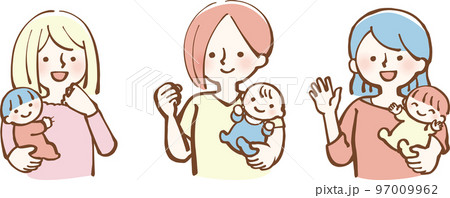 赤ちゃんを抱っこする女性たち　ママ　イラスト 97009962