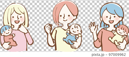 赤ちゃんを抱っこする女性たち　ママ　イラスト 97009962