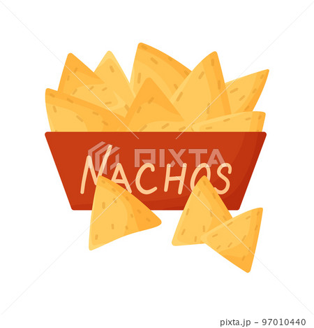 Plate of nachos vector illustration. Tortilla chips. Cartoon illustration isolated on white background. Plate of nachos vector illustration. Tortilla chips. Cartoon illustration isolated on white background. 97010440