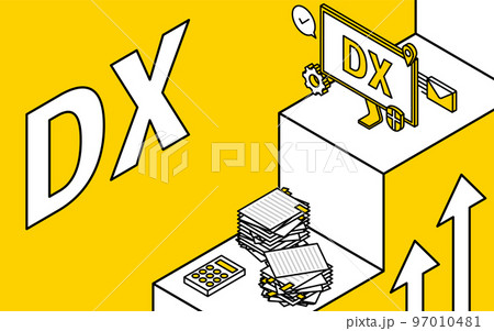 DXでの業務改善、成功と成長のイメージ、非効率なビジネスからスマートなビジネスへ、アイソメトリック 97010481