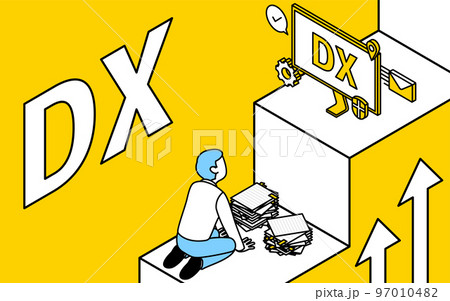仕事に追われる男性がDXで業務改善を検討するイメージ、アイソメトリック 仕事に追われる男性がDXで業務改善を検討するイメージ、アイソメトリック 97010482