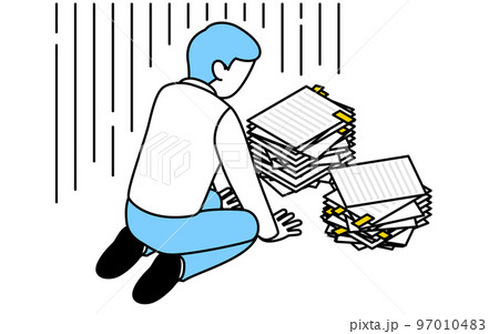 残業疲れの男性が書類の山の前でうずくまるシンプルな線画イラスト 97010483