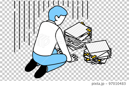 残業疲れの男性が書類の山の前でうずくまるシンプルな線画イラスト 97010483