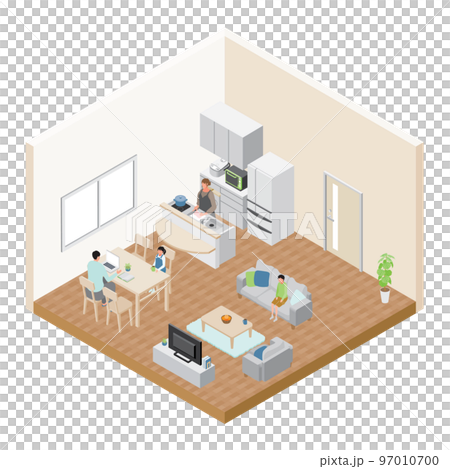 Isometric _ A man who works at home in the living room and a woman who cooks in the kitchen 97010700