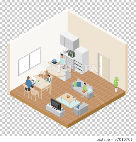Isometric _ A woman who works at home in the living room and a man who cooks in the kitchen 97010701