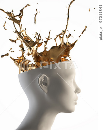 Head with golden splash and splatter white background. 3D rendering Head with golden splash and splatter white background. 3D rendering 97011341