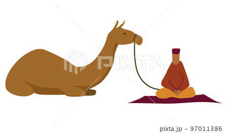 Middle east. Bedouin with camel. Arabic desert traditional symbol. Flat vector illustration 97011386