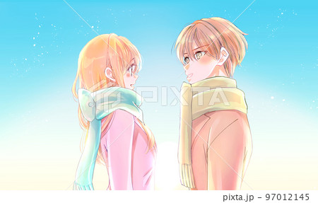 向かい合う男女　冬　朝　日の出 97012145
