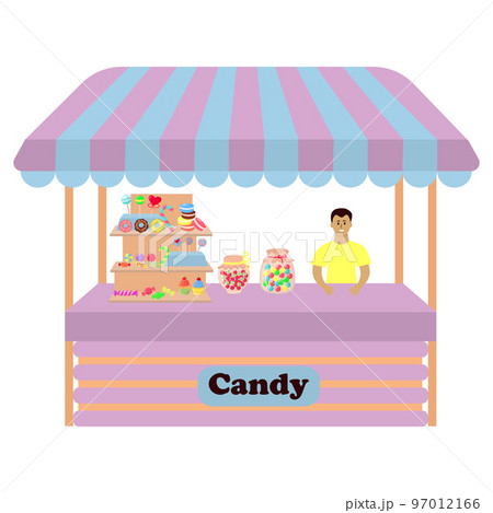 Stall counter with candy, lollipops, macaroons, cupcakes, donuts. Male seller is standing behind the counter. 97012166