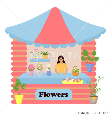 Market counter selling flowers in vases and houseplants in pots. Female seller is standing behind the counter. Market counter selling flowers in vases and houseplants in pots. Female seller is standing behind the counter. 97012167