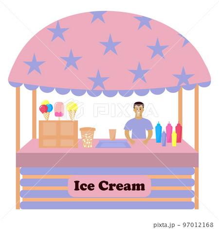 Stall counter with ice cream. Male seller is standing behind the counter. Ice cream street market. Stall counter with ice cream. Male seller is standing behind the counter. Ice cream street market. 97012168