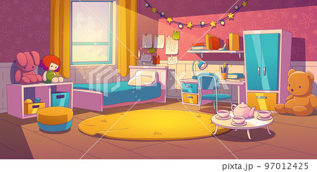 Girl bedroom with bed, toys, table and wardrobe Girl bedroom with bed, toys, table and wardrobe 97012425