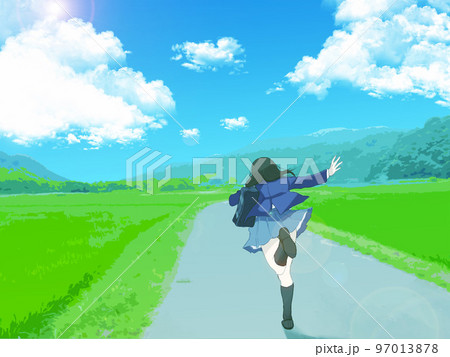 田舎道を走る女子高生 97013878