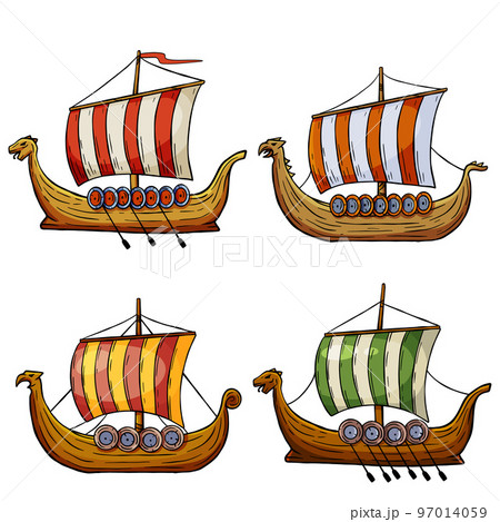Viking boat. Nordic Drakkar, Swedish warship. Longship with oars. Cartoon scandinavian sailboat Viking boat. Nordic Drakkar, Swedish warship. Longship with oars. Cartoon scandinavian sailboat 97014059