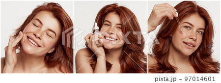 Portrait of young, beautiful, red-haired woman taking care after skin, applying face cream isolated on white background. Moisturizing. Collage 97014601