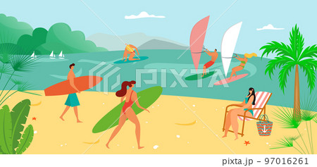 Beach for summer surfing, kite at sea, vector illustration, ocean water sport at board, extreme activity for man woman surfer character at vacation. Beach for summer surfing, kite at sea, vector illustration, ocean water sport at board, extreme activity for man woman surfer character at vacation. 97016261
