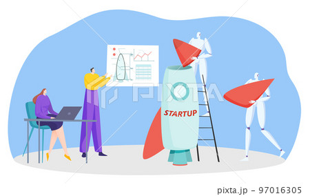 Rocket startup technology with robot, vector illustration, flat business man woman character design new spaceship with artificial intelligence. 97016305