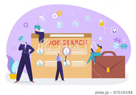 Job search, career recruitment at internet, vector illustration, flat tiny man woman character look for hiring, employment online at web page. 97016398